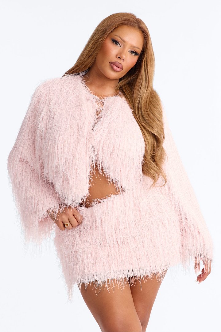 Cotton Candy Crush Faux Fringe Fur Cropped Coat - Pink
