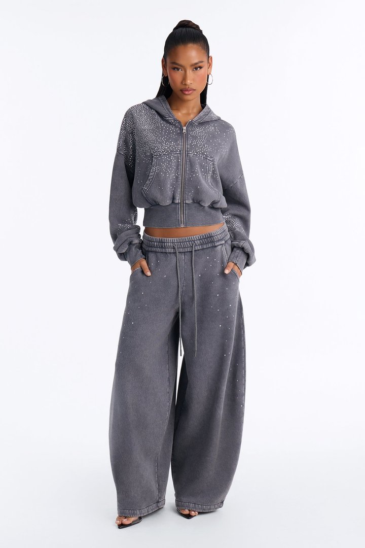 Shine On Rhinestone Fleece Pant Set - Charcoal