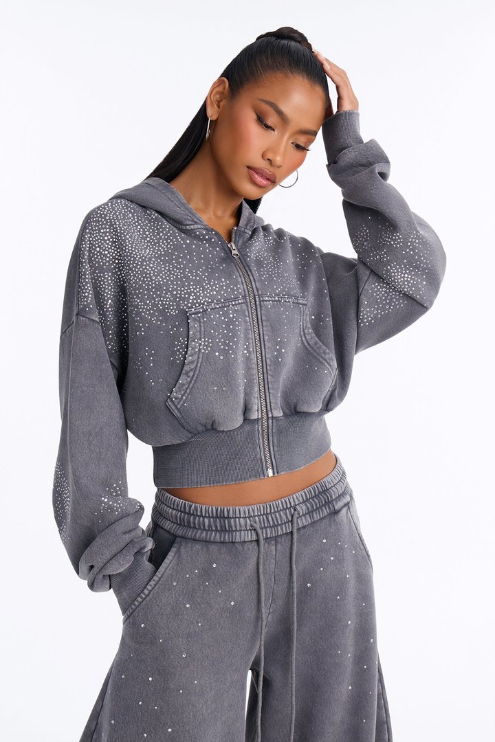 Shine On Rhinestone Fleece Pant Set - Charcoal