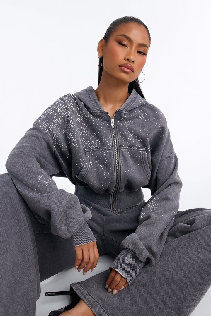 Shine On Rhinestone Fleece Pant Set - Charcoal