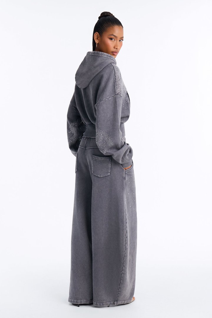 Shine On Rhinestone Fleece Pant Set - Charcoal