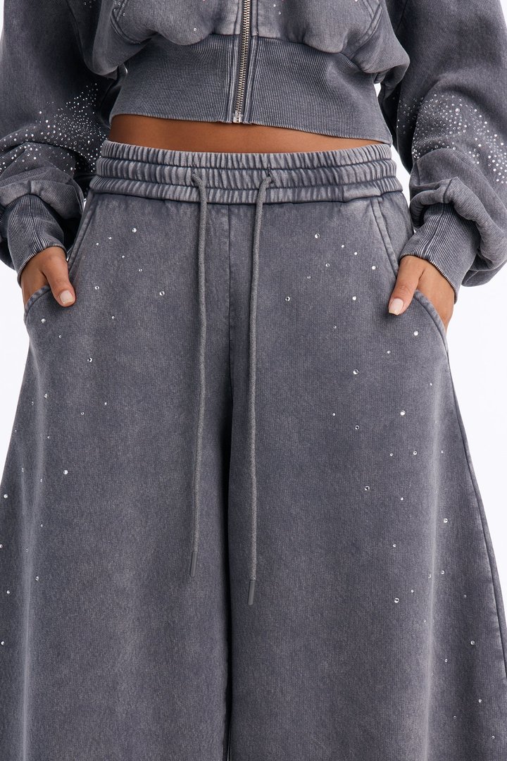 Shine On Rhinestone Fleece Pant Set - Charcoal