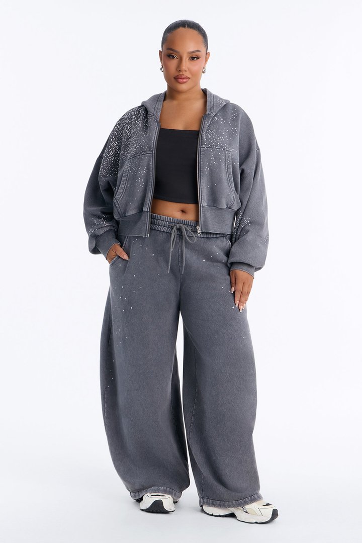 Shine On Rhinestone Fleece Pant Set - Charcoal