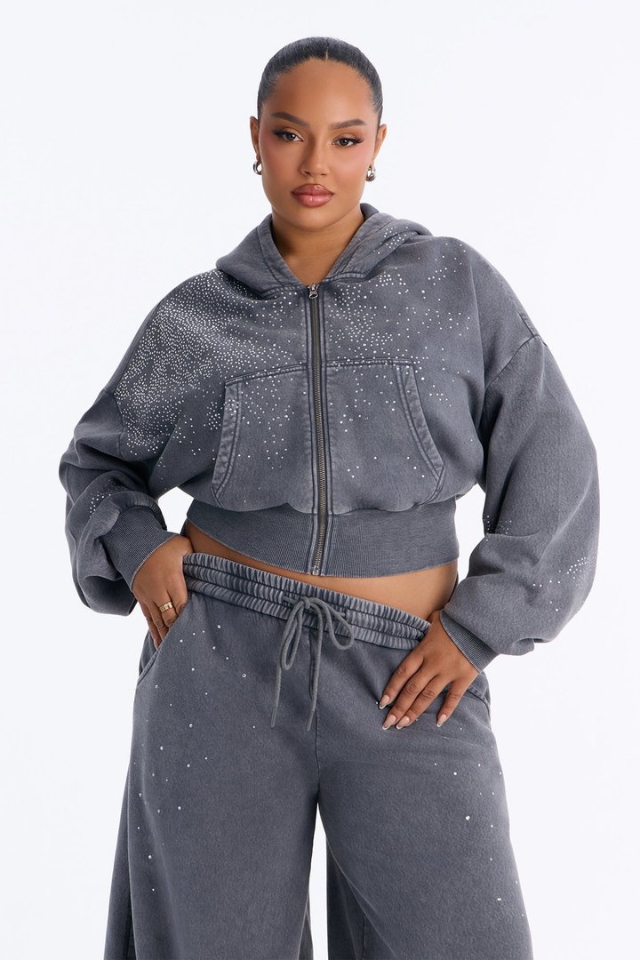 Shine On Rhinestone Fleece Pant Set - Charcoal