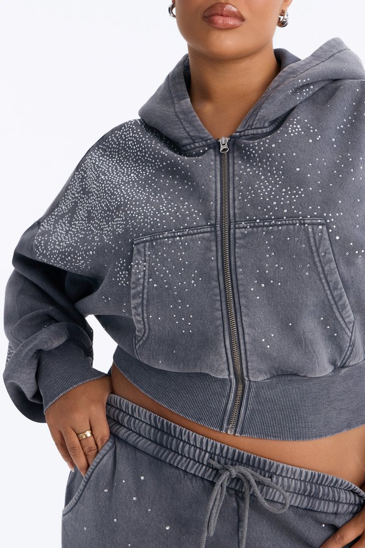 Shine On Rhinestone Fleece Pant Set - Charcoal