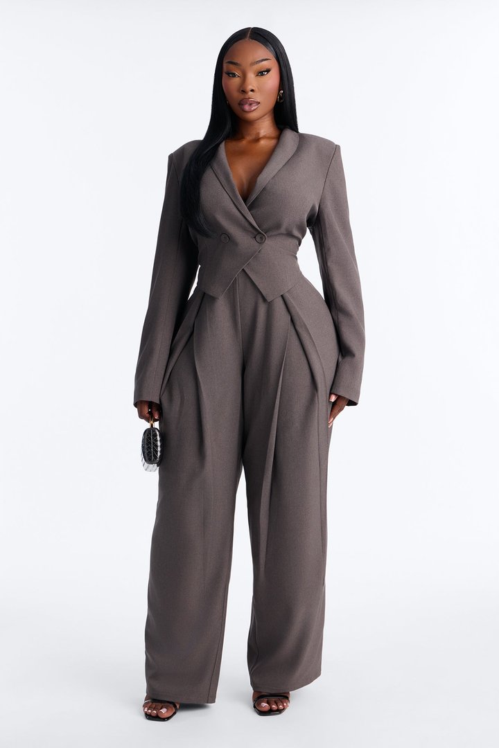 Heathered Edge Crossover Pleated Wide Leg Trouser - Charcoal