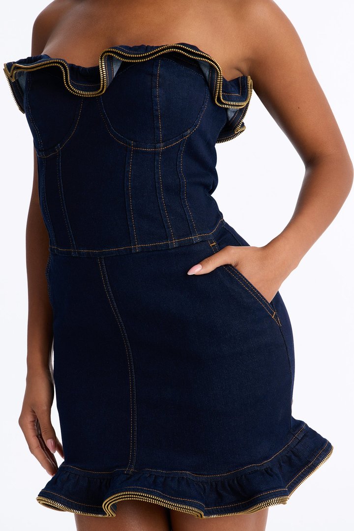 Loves It Ruffle Trim Denim Mini Dress - Dark Wash