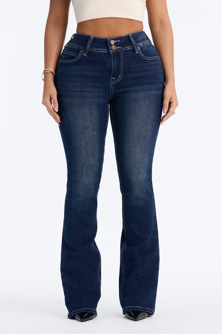 Might Go Double Button Stretch Bootcut Jeans - Dark Wash
