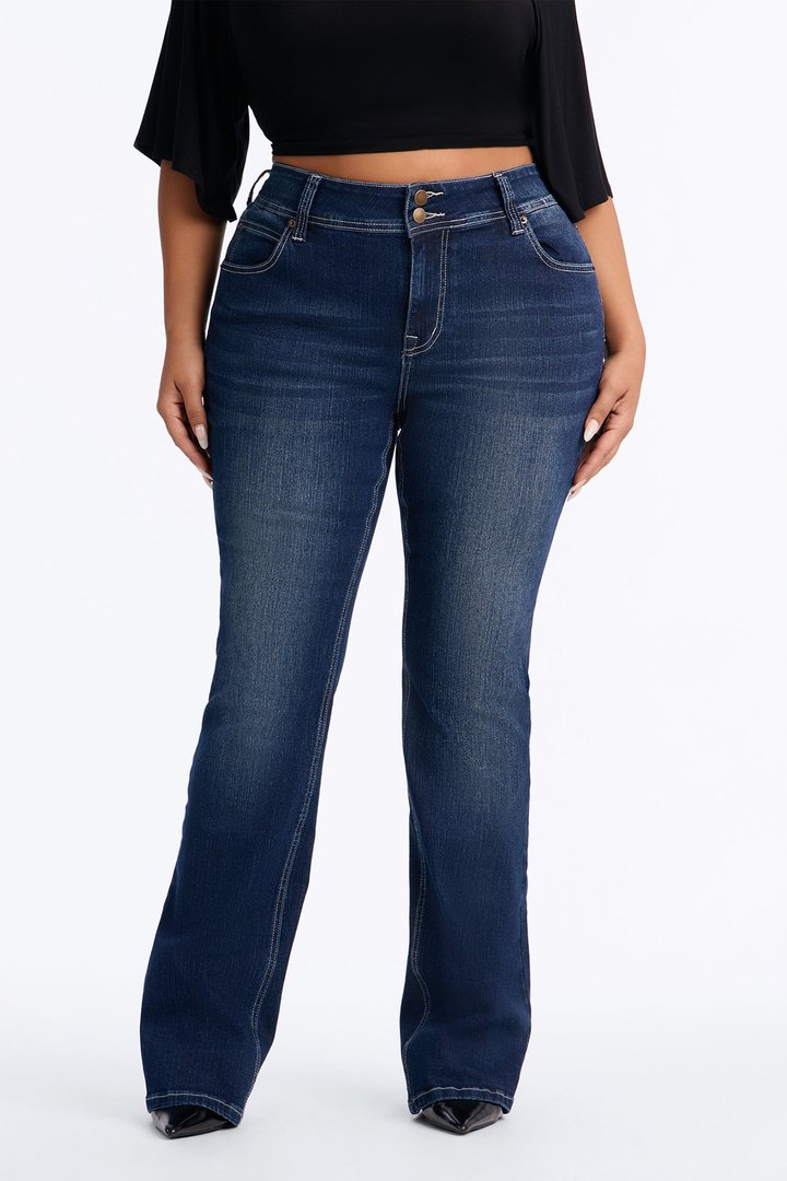 Might Go Double Button Stretch Bootcut Jeans - Dark Wash