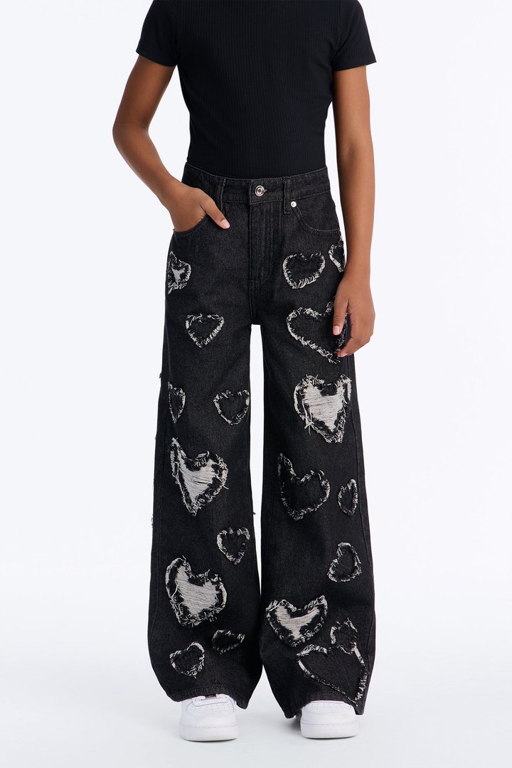 Mini Hearted You Patchwork Wide Leg Jeans - Black Wash