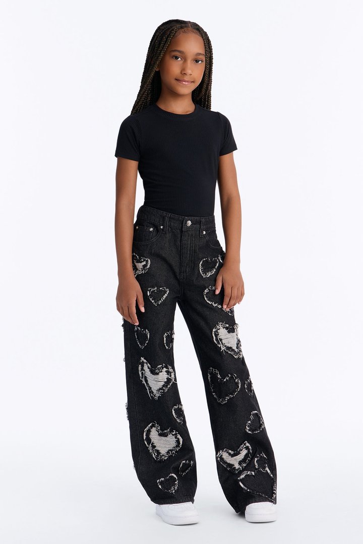 Mini Hearted You Patchwork Wide Leg Jeans - Black Wash
