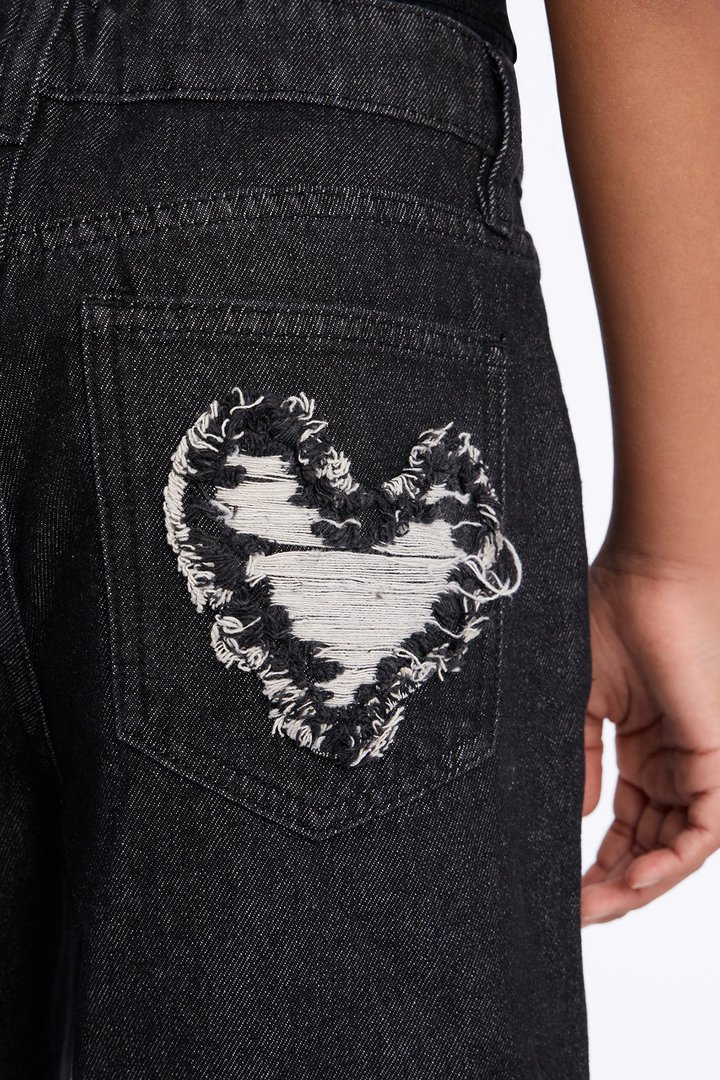 Mini Hearted You Patchwork Wide Leg Jeans - Black Wash