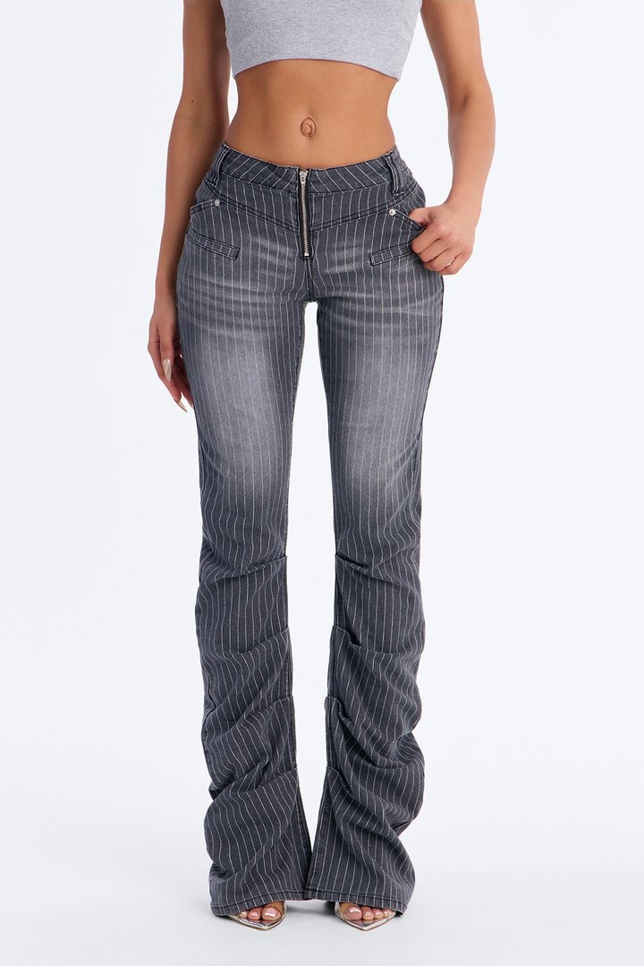 Speakeasy Striped Stacked Low Rise Flare Jeans - Grey