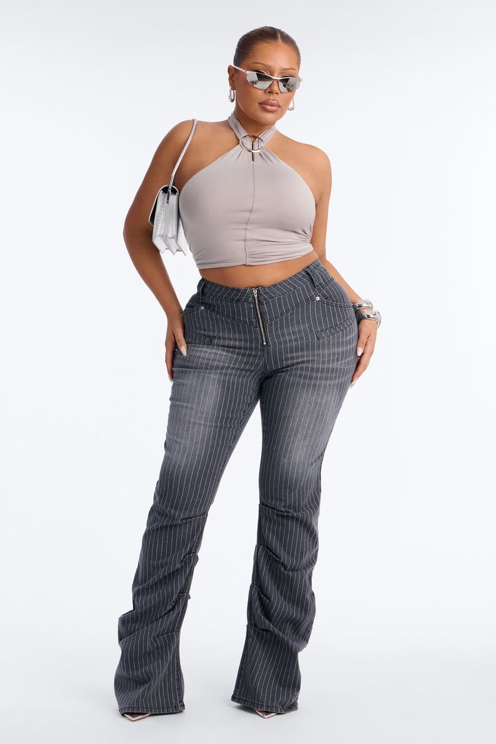 Speakeasy Striped Stacked Low Rise Flare Jeans - Grey