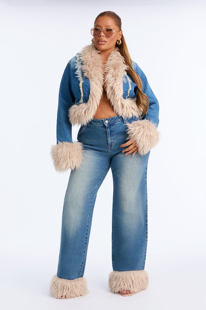 Corina Denim Faux Fur Pant Set - Medium Wash