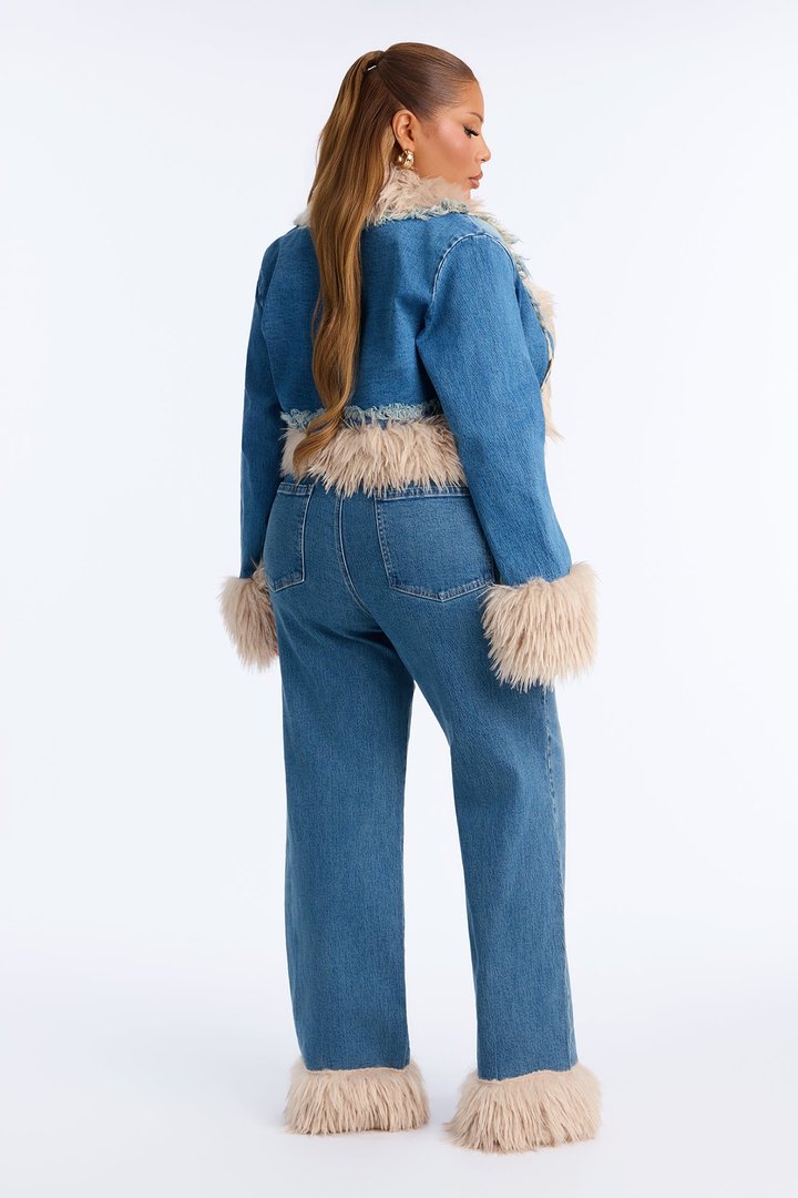 Corina Denim Faux Fur Pant Set - Medium Wash