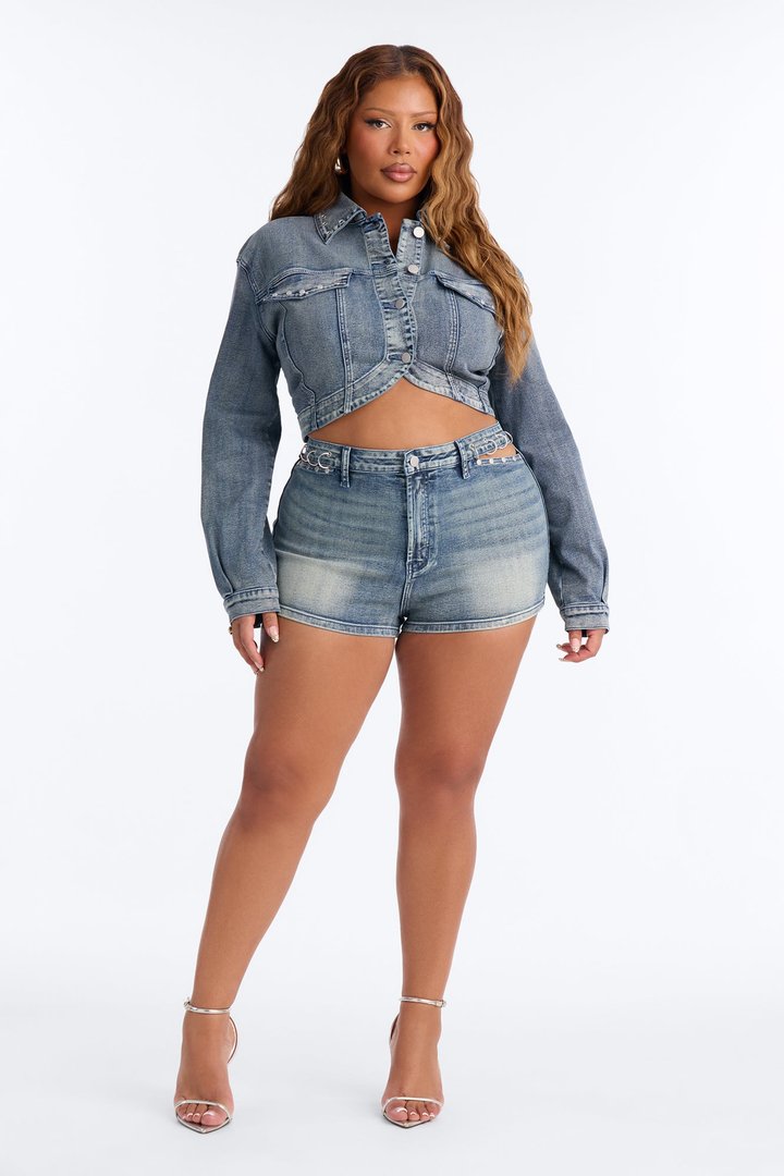 Pierce Of Mind Stud Embellished Denim Bolero Jacket - Vintage Wash