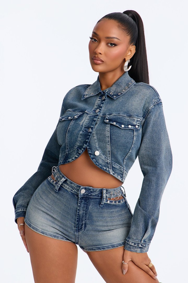 Pierce Of Mind Stud Embellished Denim Bolero Jacket - Vintage Wash
