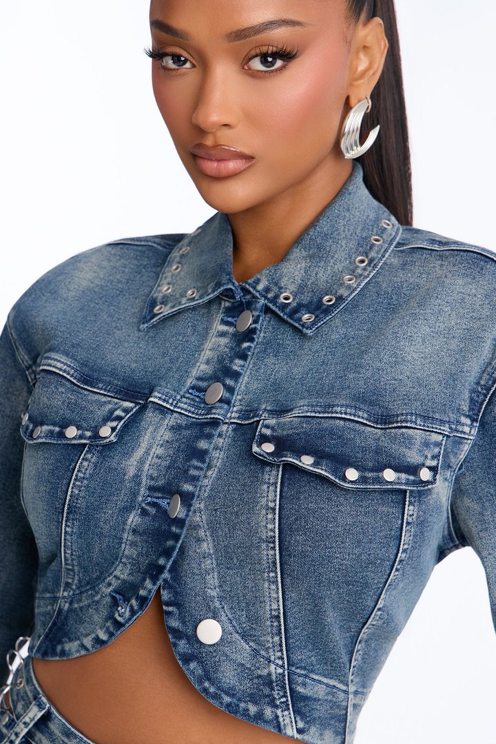 Pierce Of Mind Stud Embellished Denim Bolero Jacket - Vintage Wash