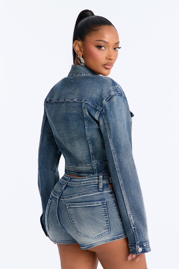 Pierce Of Mind Stud Embellished Denim Bolero Jacket - Vintage Wash