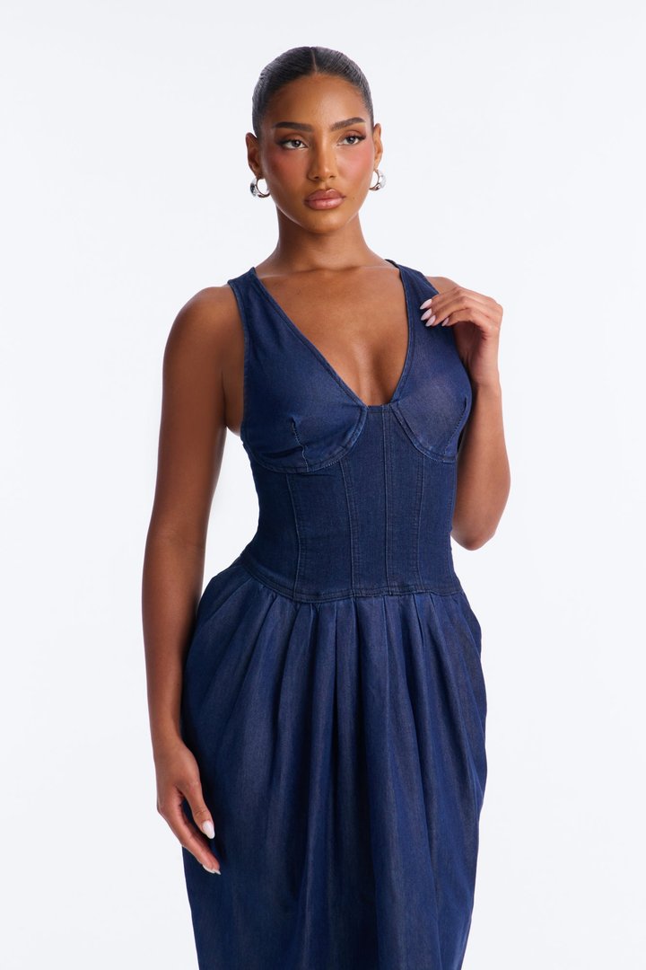 Melody Corset Denim Maxi Dress - Dark Denim