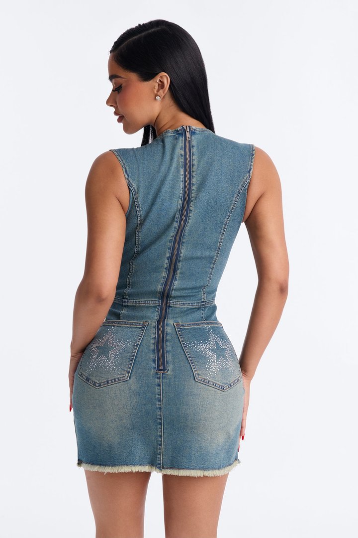 Lucky Star Rhinestone Star Denim Mini Dress - Medium Wash