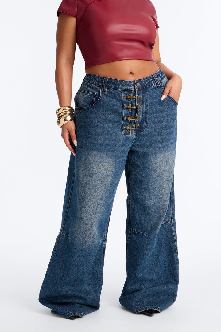 Canton Clasp Upsized Rigid Wide Leg Jeans - Dark Wash