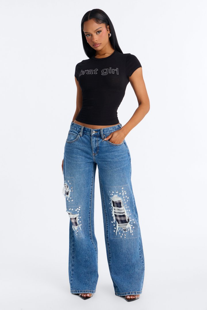 Broadway Rip & Repair Embellished Jeans - Dark Wash