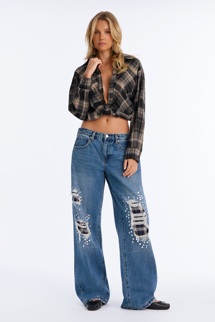 Broadway Rip & Repair Embellished Jeans - Dark Wash