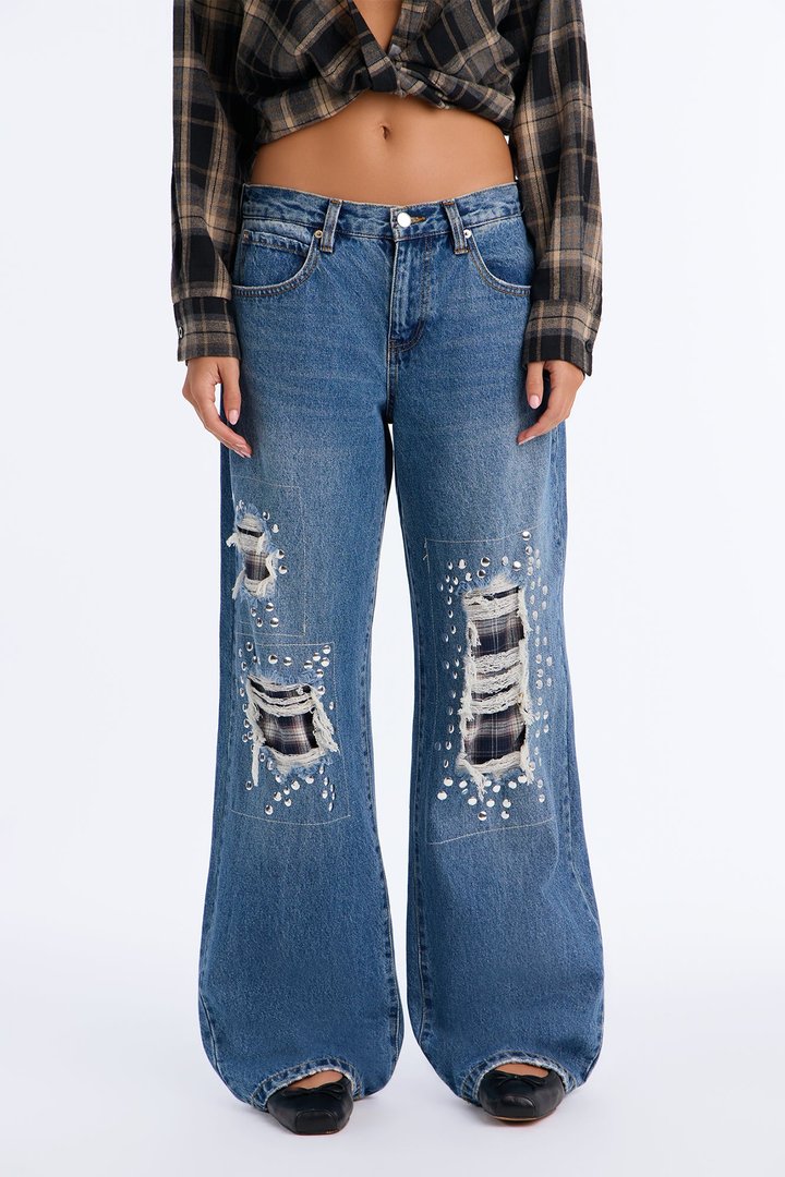 Broadway Rip & Repair Embellished Jeans - Dark Wash