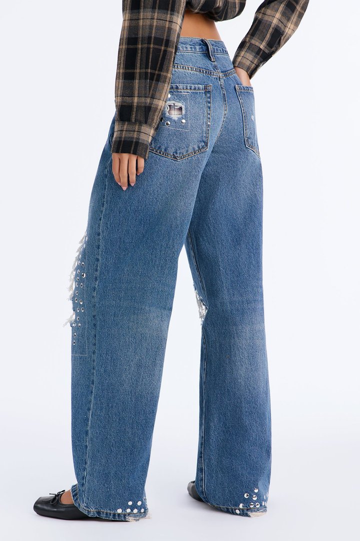 Broadway Rip & Repair Embellished Jeans - Dark Wash