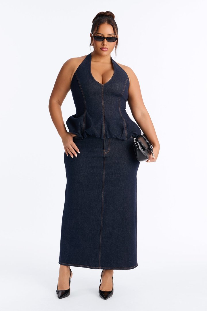 Annika Peplum Maxi Skirt Set - Dark Wash