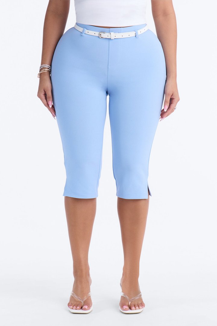 Mila Belted Split Hem Capri - Light Blue