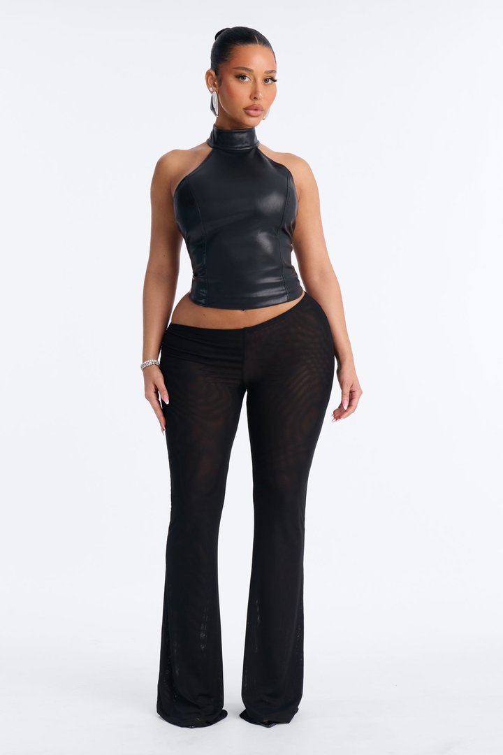 Keys Asymmetrical Waist Double Mesh Flare Pant - Black