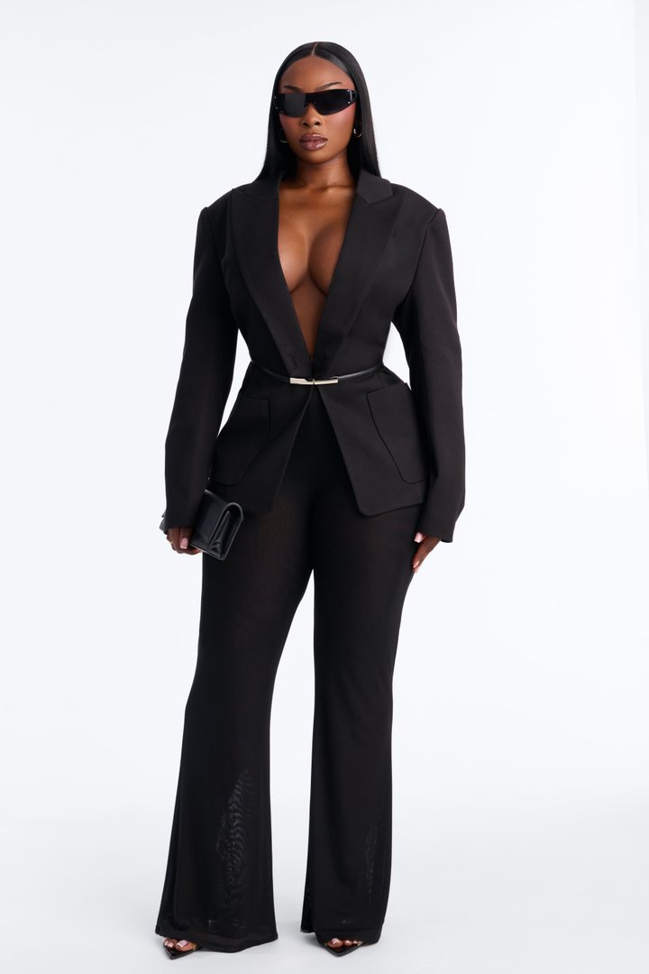 Keys Asymmetrical Waist Double Mesh Flare Pant - Black