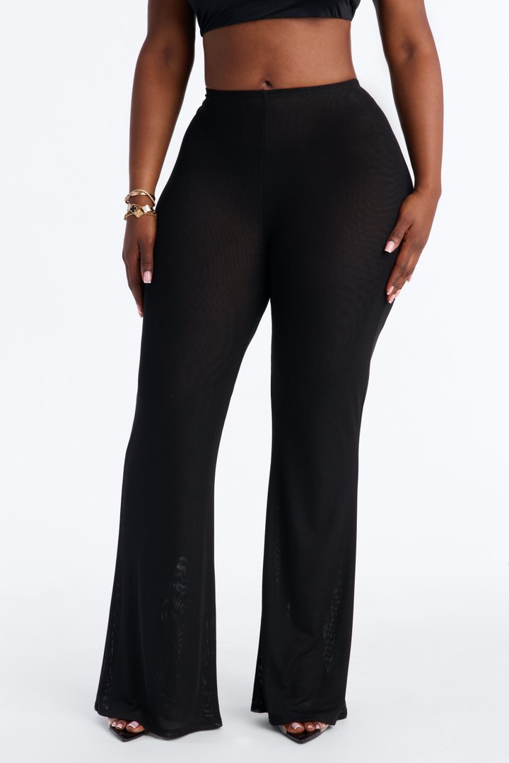 Keys Asymmetrical Waist Double Mesh Flare Pant - Black