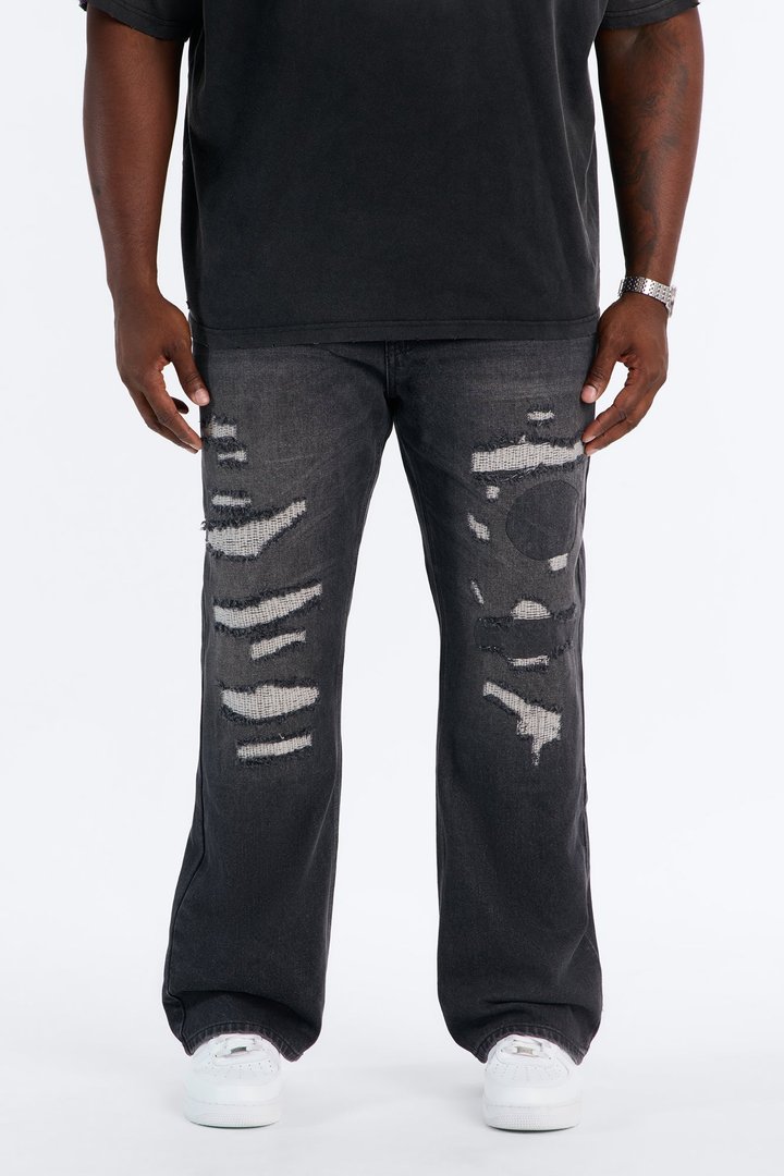 Straight Flare Distressed Jean - Black Wash