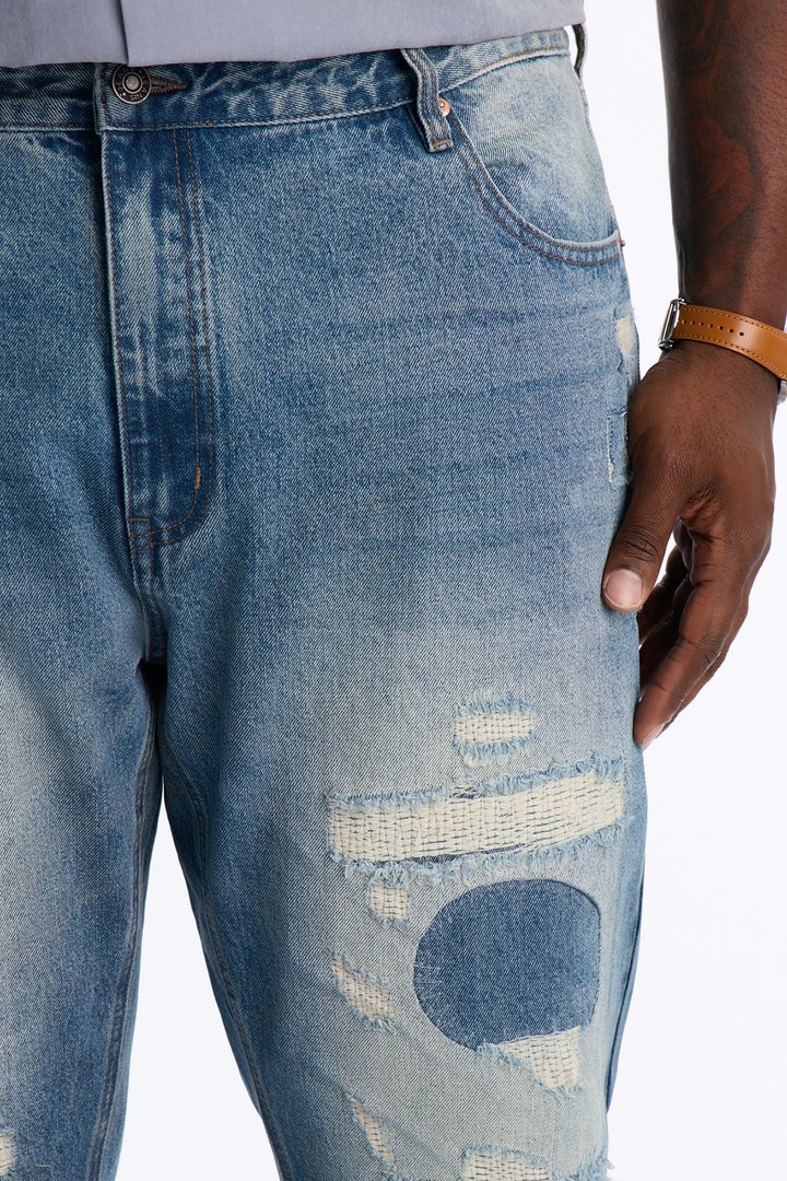 Straight Flare Distressed Jean - Light Blue Wash