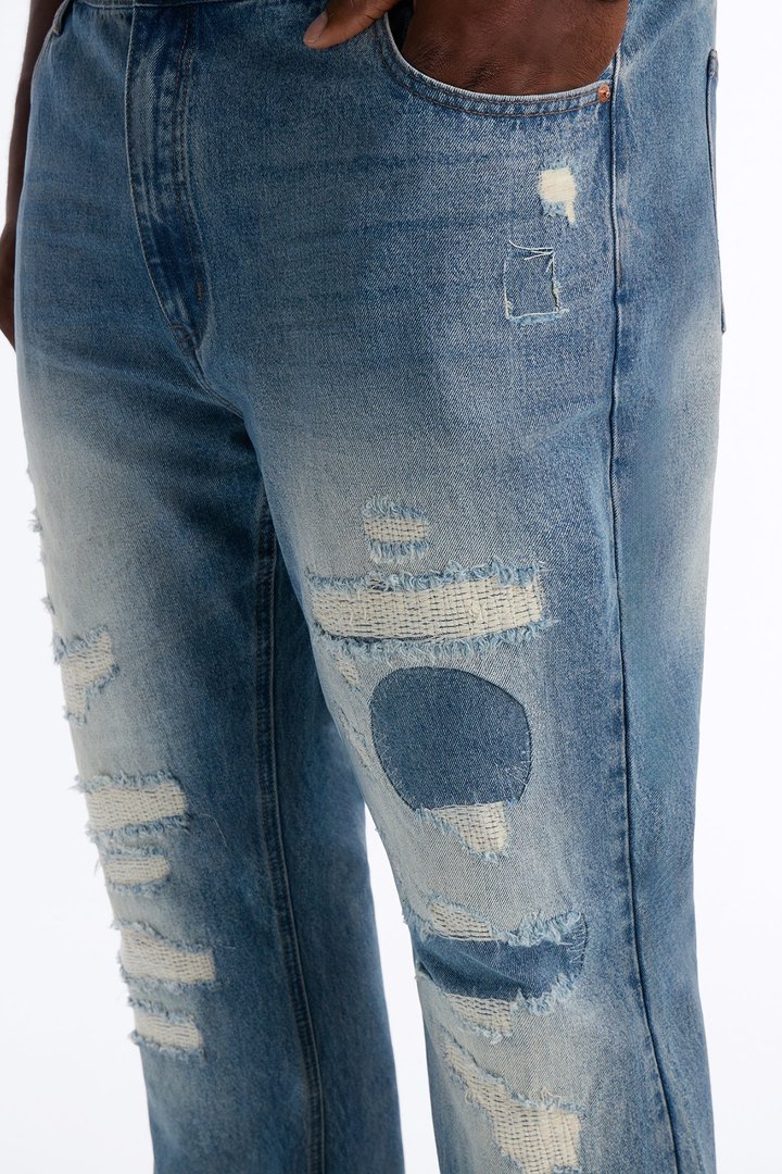 Straight Flare Distressed Jean - Light Blue Wash
