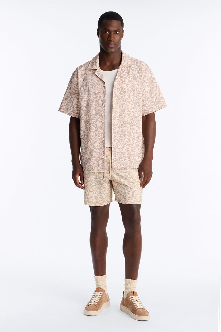 Relaxed Capri Checkered Cuban Collar Button Up Shirt - Taupe
