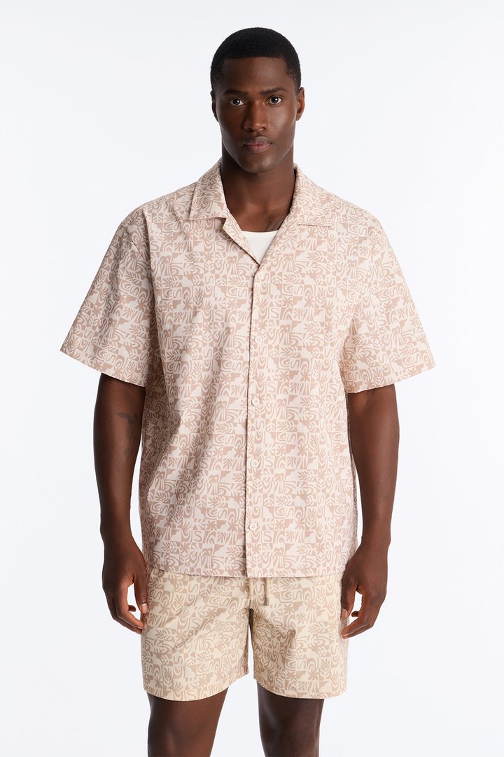 Relaxed Capri Checkered Cuban Collar Button Up Shirt - Taupe