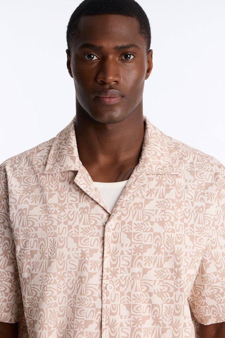 Relaxed Capri Checkered Cuban Collar Button Up Shirt - Taupe