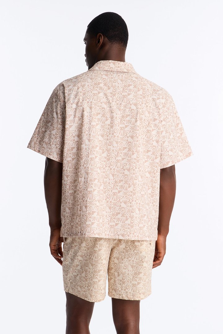 Relaxed Capri Checkered Cuban Collar Button Up Shirt - Taupe