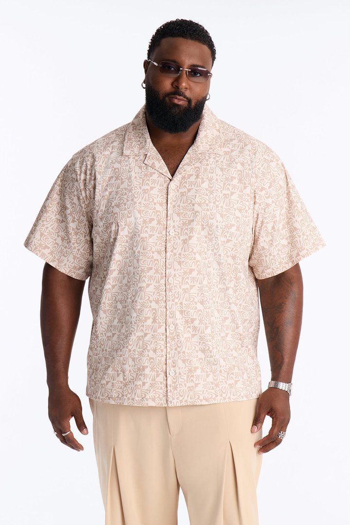 Relaxed Capri Checkered Cuban Collar Button Up Shirt - Taupe