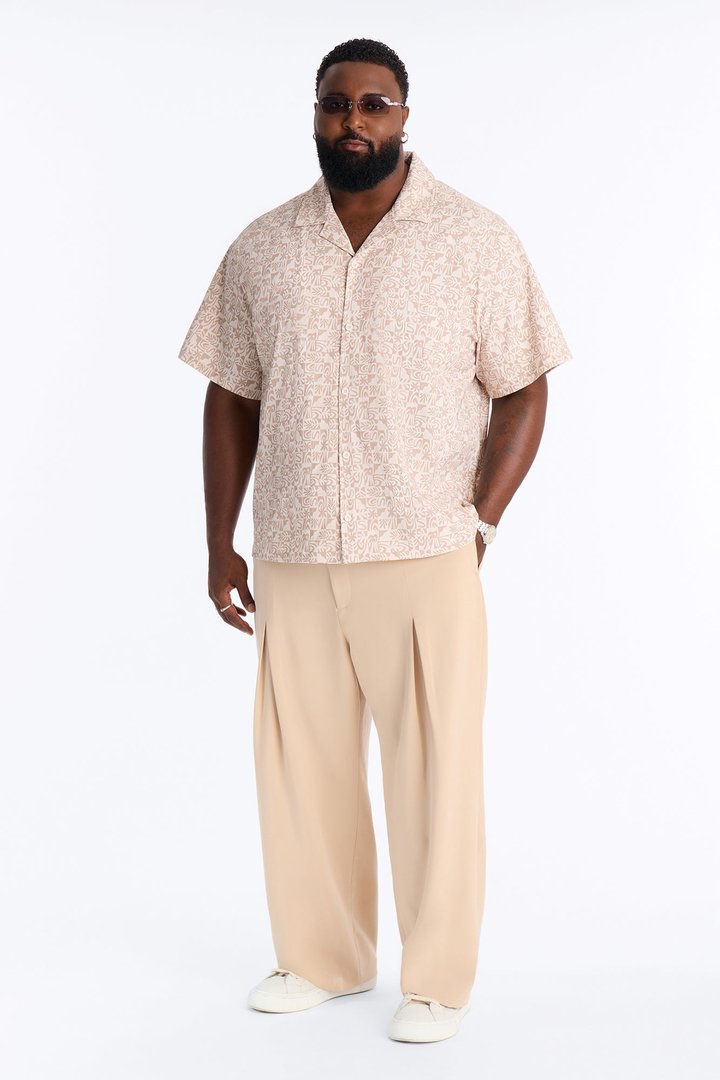 Relaxed Capri Checkered Cuban Collar Button Up Shirt - Taupe