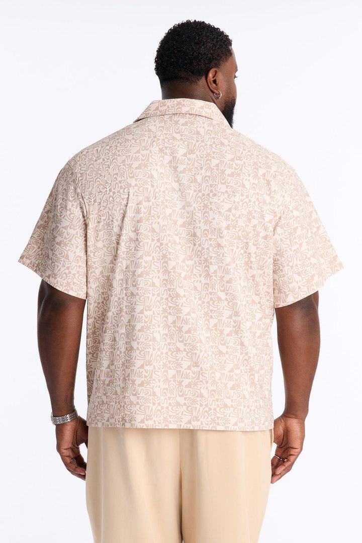 Relaxed Capri Checkered Cuban Collar Button Up Shirt - Taupe