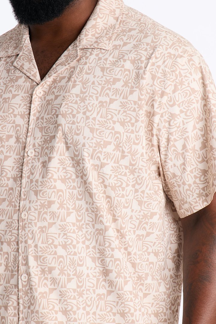 Relaxed Capri Checkered Cuban Collar Button Up Shirt - Taupe