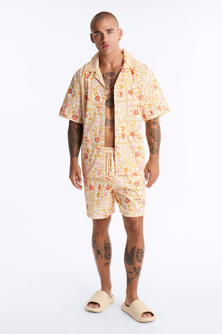 Relaxed Gardenia Cuban Collar Button Up Shirt - Orange/combo