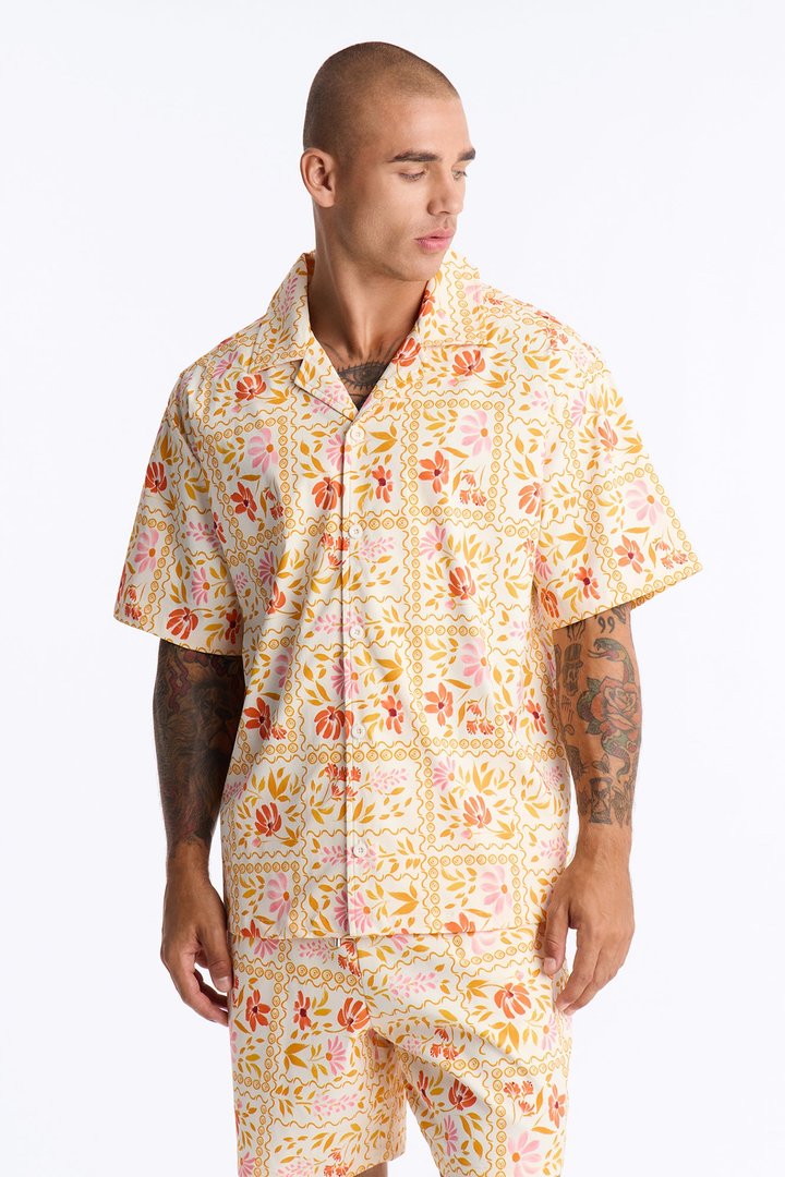 Relaxed Gardenia Cuban Collar Button Up Shirt - Orange/combo