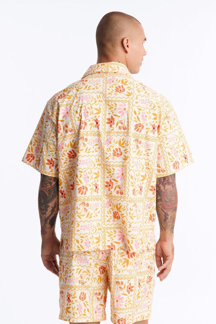 Relaxed Gardenia Cuban Collar Button Up Shirt - Orange/combo